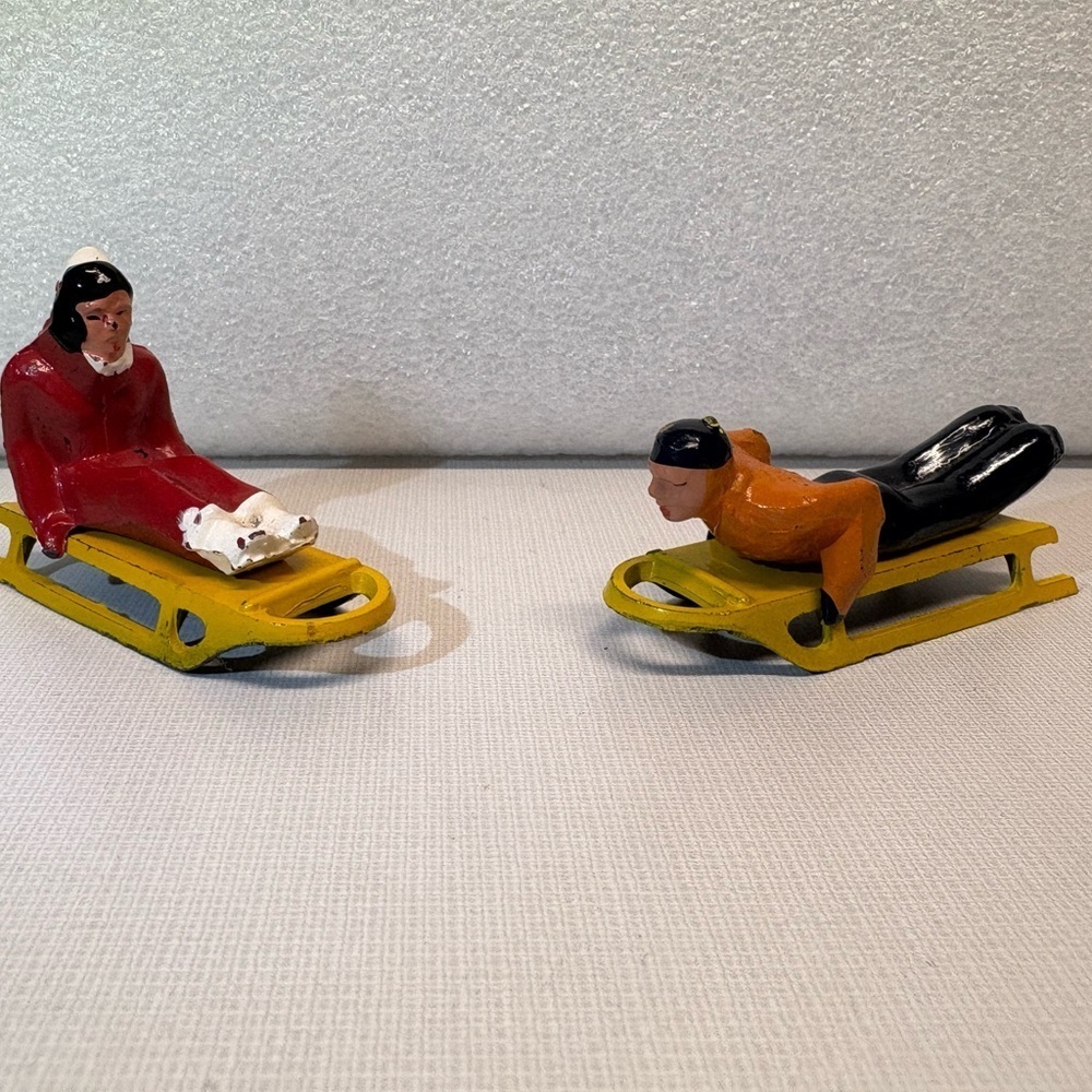 2 Vintage Barclay Sledding Sledders Figurines Christmas Winter Village Decor